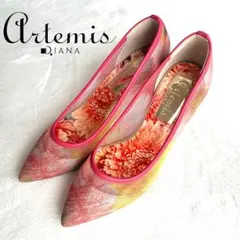 DIANA ガーベラパンプス 花柄プリント チュールレース ピンク