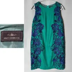 グレースコンチネンタル グリーン 花柄刺繍 薔薇 ワンピース 38