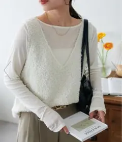 【新品タグ付】DISCOAT リボンヤーンベスト　オフホワイト