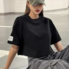 ブラック クロップドTシャツ 半袖 黒 レディース トップス ドロップショルダー
