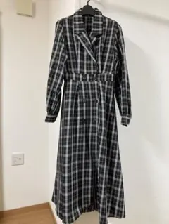 シロクロチェック柄トレンチデザインロングシャツワンピース　フリーサイズ