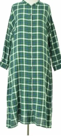 【ニコアンド】長袖　緑チェック　シャツワンピース　М　ノーカラー