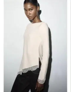 ZARAレース付きベージュ長袖ニットトップス