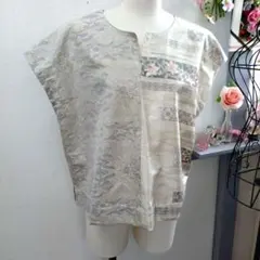 着物リメイク　白大島　エレガントなフレンチスリーブシャツ