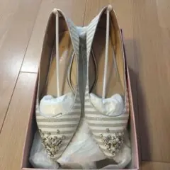 MODE ET JACOMO ストライプ ビジュー付き パンプス ローヒール