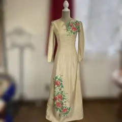 ヴィンテージ ドレス クリーム シルク 花柄 ロングドレス 細身 アンティーク