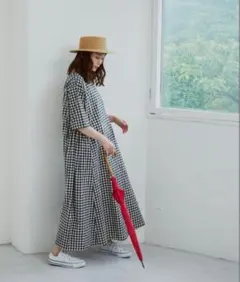 Libraギンガムチェックボリュームワンピース春秋ブラックxホワイト