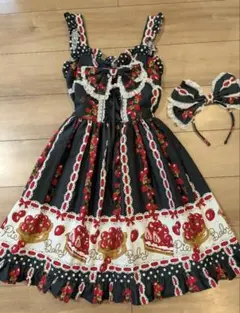 摘みたていちごシャーリングジャンパースカート 黒 アンジェリック