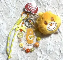 じゃらじゃらキーホルダー♡ビーズ　ストラップ♡ケアベア　オレンジ　ぬいぐるみ付き