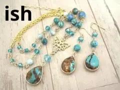 【A155】ishターコイズドロップ・ストーン付き蝶チャームネックレス＆ピアス