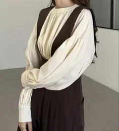 ルエレ　Louere スタンドカラー　ギャザーブラウス　オフホワイト　LLのサムネイル