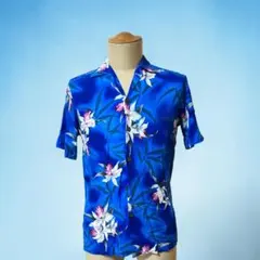 ハワイ製　TWO PALMS アロハシャツ XS ブルー 花柄　 レーヨン　半袖のサムネイル