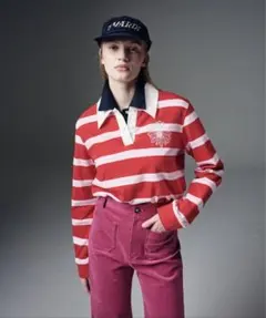 長袖ポロシャツ 赤のストライプ Fサイズ