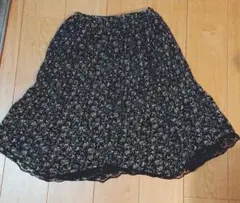 黒 花柄 プリーツスカート ゴムウエスト M
