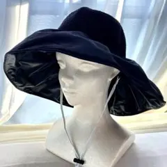 【美品】つば広帽子 小顔　麦わら帽子　UVカット 韓国 あご紐付き ブラック