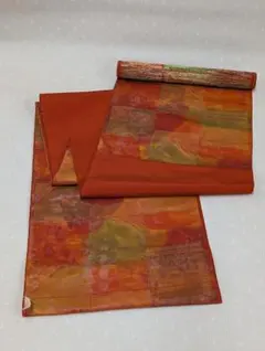 オレンジ系格子柄 袋帯 六通 未仕立て