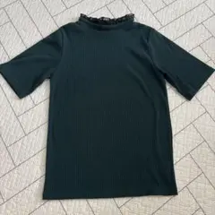 襟フリル リブニット 半袖 ダークグリーン