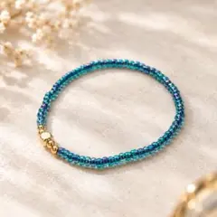 オーロラブルー ビーズブレスレット ゴールドアクセント ハンドメイド 大人可愛い