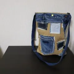 デニム　コーヒー麻袋　リメイクショルダーバック