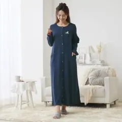 2WAY長袖前開き綿素材ワンピースパジャマ マタニティM〜Lサイズ　ネイビー