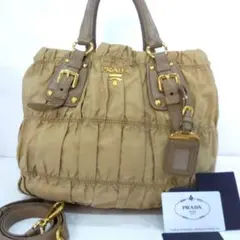 【美品】プラダ ギャザー トートバッグ 2way レザー×ナイロン ギャラ付