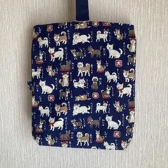 ハンドメイド　シューズ入れ　上履き入れ　犬柄　犬図鑑柄　紺色