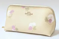 コーチ ファスナーポーチ 花柄 レザー ライトベージュ 中古品(08103)※