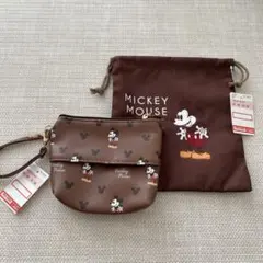 しまむら　ディズニー　ミッキー　ティッシュポーチ　小物ポーチ　巾着　ブラウン