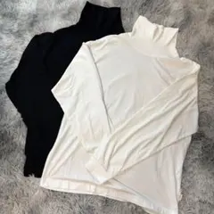 ハイネック長袖カットソー 2点セット黒Ｍサイズ　白Ｌサイズ綿100%