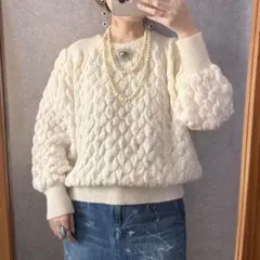 ヴィンテージ レトロ古着 ブローチ付バブル編みニットセーター オフ白系