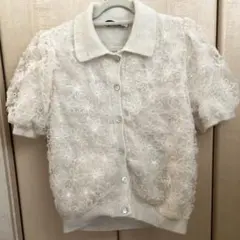 ZARA　花柄刺繍 半袖ニット カーディガン　クリーム色