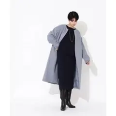 ☆美品☆NBB ウールブレンドノーカラーコート コクーン　ブルー　Mサイズ