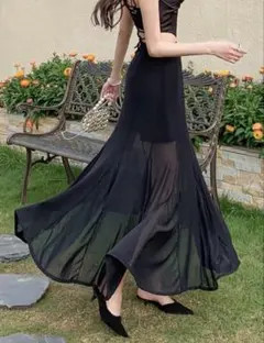 シースルー　ブラック　フレアロングスカート　黒　ロングスカート