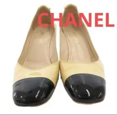 CHANELエナメルバイカラーチャンキーヒールココマーク37.5ベージュ✕黒のサムネイル