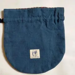 香川県伝統工芸品　コットン巾着袋　外側 紺色　内側 ストライプ柄　リバーシブル