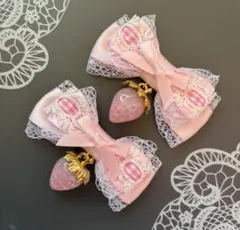 いちご大♡ギンガムはしごレースリボン　ピンク　ヘアクリップ 量産型　地雷