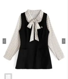 リボン付きドット柄シャツ×スクエアネックノースリーブミニワンピースセットアップ