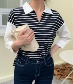 九分袖スキッパーネックボーダーポロシャツ