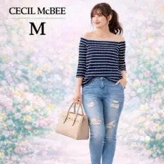 【セシルマクビー】ボーダーニットトップス　M　ネイビー　長袖　きれいめカジュアル