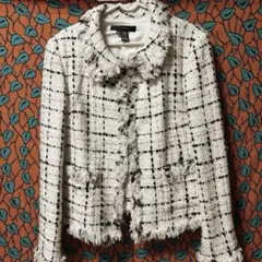 ホワイト・ブラック チェック柄 ツイードジャケット S〜Mサイズ