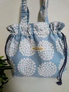 北欧柄フリル巾着トートバッグ　ハンドメイド