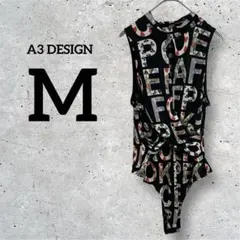 A3 DESIGN【M】ボディスーツ　英語　柄物　カシュクール　ノースリーブ