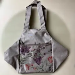 花柄エコバッグ グレー系(折りたたみ式/前ポケット付き)