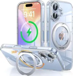iPhone 17 ケース MagSafe クリア 耐衝撃 360°回転スタンド