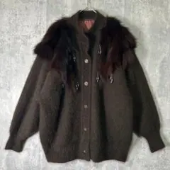 高級 アンゴラ ファー ビジュー ニット カーディガン ダークブラウン 美品