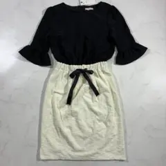 新品✨MIIA ワンピース ツイード 切替 リボン 黒 白 F（E428）のサムネイル