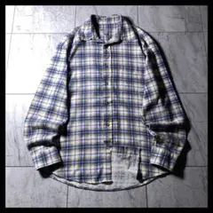 90s〜 ビンテージ プリントネルシャツ プリネル 青白茶色 チェック 古着