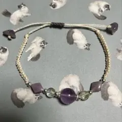 天然石ラベンダーアメジストのマクラメ編みワックスコードブレスレット