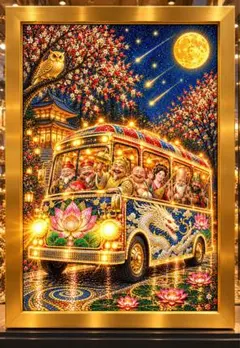 黄金の月光を駆ける七福神の福招きバス　額縁付き　開運グラフィックアート