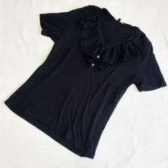 1404【ローラアシュレイ】フリル付き半袖Tシャツ　M フリルカラー　黒
